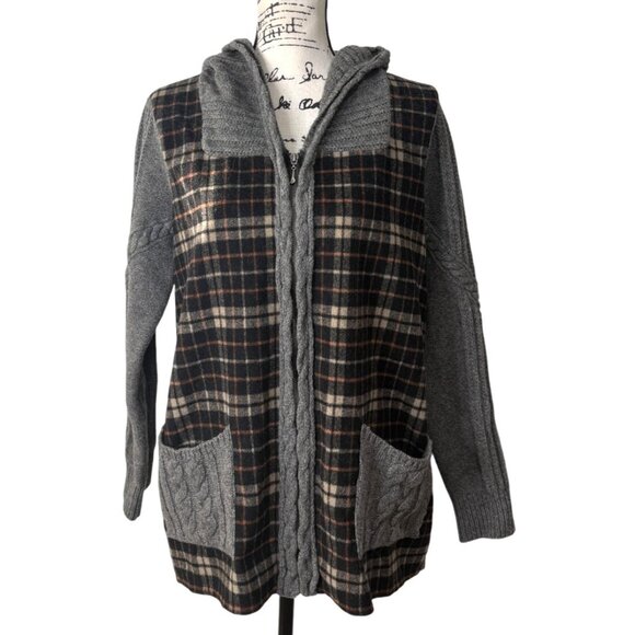 Anthropologie Moth Derry Plaid Jacket Hooded Cable Knit Sweater Wool Women Sz L - Picture 2 of 10